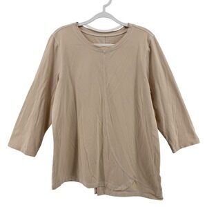E.L.I. Womens Large Tan Pima Cotton Asymmetrical Wrap Hem 3/4 Sleeve Top